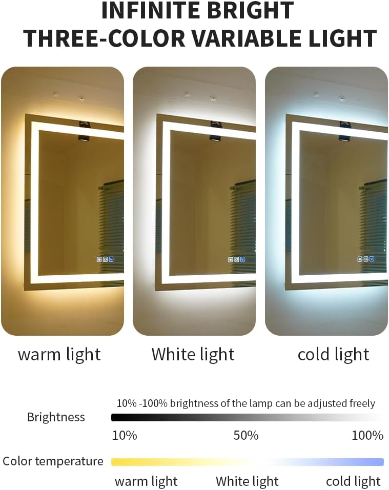 24 * 32inches LED Mirror, Smart Bathroom Mirror with Lights, Anti-Fog, Tempered Glass, 3 Colors Dimmable, Front and Backlit, CRI 90+, Wall Mounted, Memory