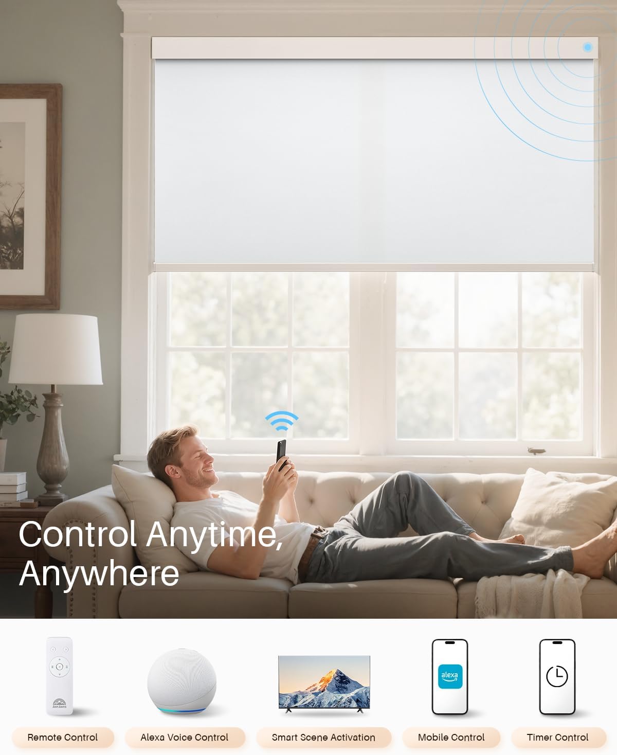 Smart Roller Shades for Windows, Alexa Blackout Motorized Blinds with Remote Control, Easy Install Automatic Electric Blinds for Indoor (29" W x 72" H, White)