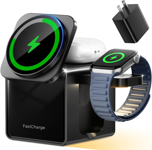 3 in 1 Charging Station for Apple, 15W Fast Magnetic Wireless Charger Station with Night Light, Travel Accessory Mag-Safe Stand for iPhone 17 16 15 14 13 12 - Apple Watch - AirPods(Adapter Included)