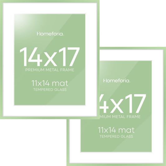 Homeforia 14x17 Picture Frame Sage Green, High End Metal 14x17 Poster Frames with Mat 11x14 inch Photo, 14 x 17 Sage Green Frame Matted to 11 by 14 Art, 17x14 Frame, Tempered Glass, Wall Kit, Set of 2