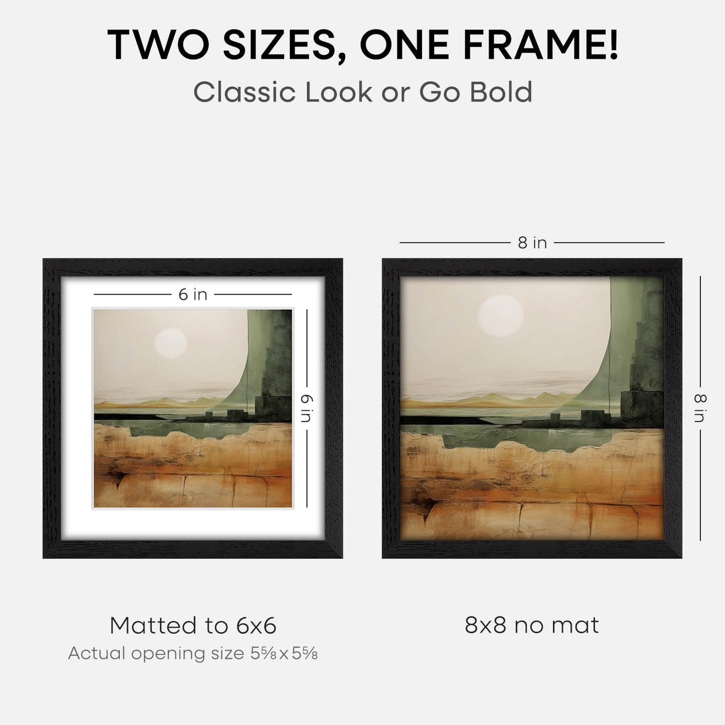 Homeforia 8x8 Picture Frame Black Wood, High-End Oak 8 x 8 Square Frames with Mat 6 by 6 inch Photo, 8x8 Wooden Frame Matted to 6x6 Art, 8by8 Wall or Tabletop Frame, Tempered Glass, Wall Kit, Set of 2