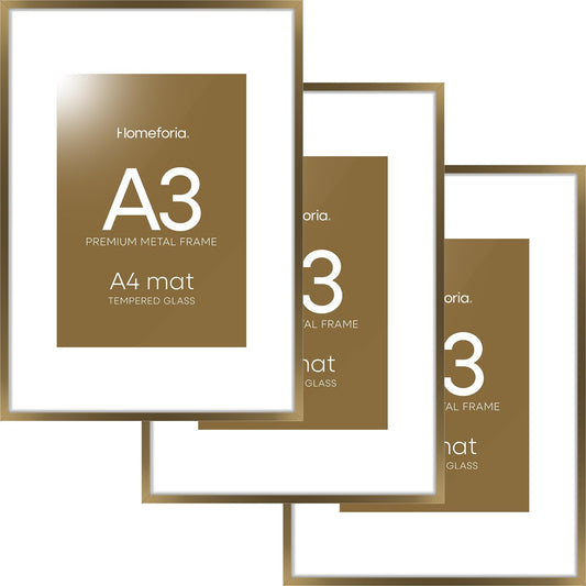 Homeforia A3 Picture Frame Bronze, High End Metal 11.7 x 16.5 inch Brass Poster Frames with Mat 8.3 by 11.7 Print, A3 Size Frames Matted to A4 Photo, 11.7by16.5 Hanging Frame, Tempered Glass, Set of 3