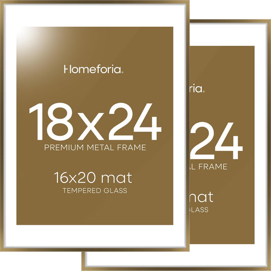 Homeforia Picture 18x24 Bronze Frame, High End Metal 18x24 Brass Poster Frames with Mat 16x20 for Photo, 18 x 24 Frame Matted to 16 x 20 Print, 24x18 Hanging Frames, Tempered Glass, Wall Kit, Set of 2