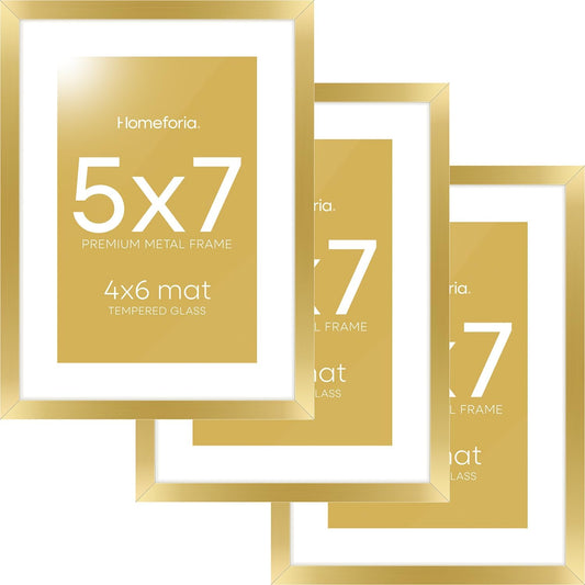 Homeforia 5x7 Picture Frame Gold, High End Metal 5 x 7 Gold Frames with Mat 4 x 6 for Print, 5by7 Desk Frame Matted to 4x6 inch Photo, 5 by 7 Wall or Tabletop Frame, Tempered Glass, Wall Kit, Set of 3