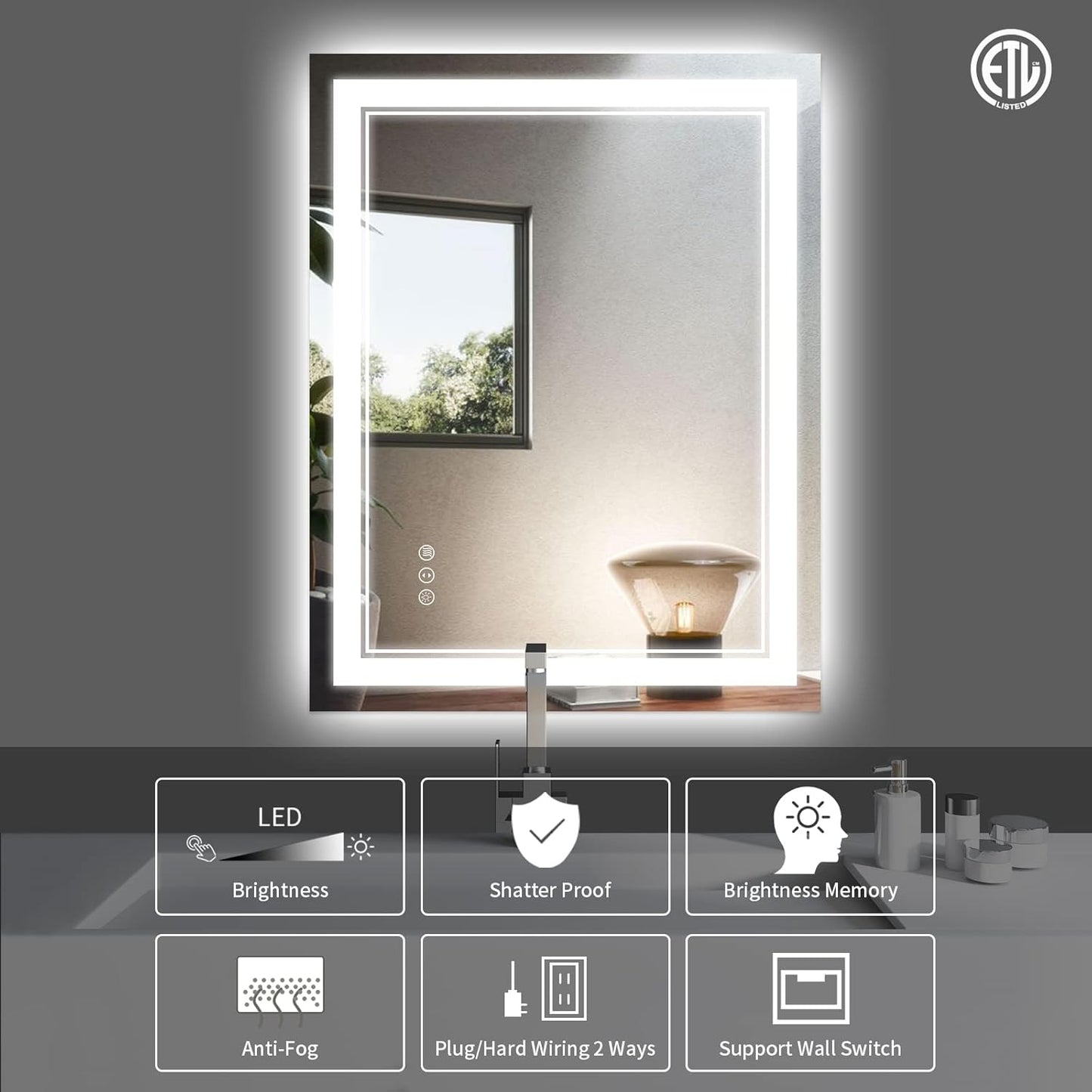 28x36 Inch LED Bathroom Mirror with Lights, Front and Backlit,Anti Fog Dimmable Lighted Bathroom Vanity Mirror, Shatterproof Led Mirror for Bathroom