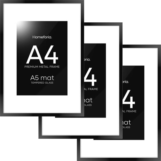 Homeforia A4 Picture Frame Black, High End Metal 8.3 x 11.7 Frames for Wall, A4 Photo Frame with Mat for A5 inch Print, 8.25 by 11.75 Black Poster Frames, 8.3x11.7 Frame with Glass, Wall Kit, Set of 3