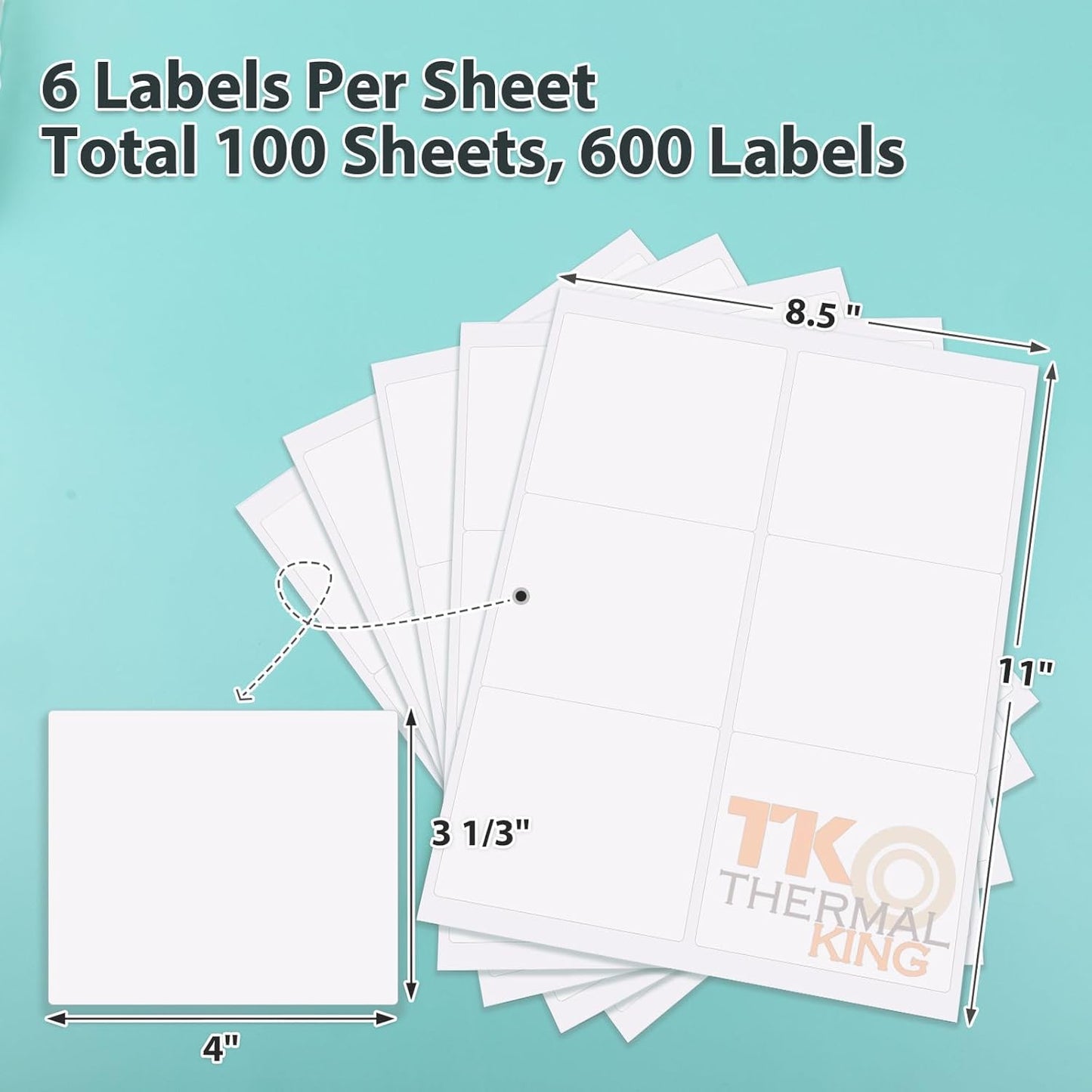 3 1/3" x 4" 100 Sheets Permanent Adhesive White Shipping 600 Labels for Laser & Inkjet Printers (6 Labels/Sheet)