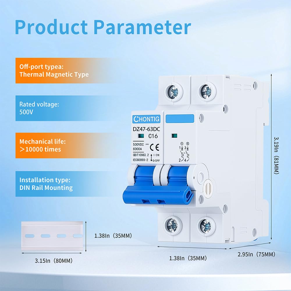 16 Amp Miniature DC Circuit Breaker 500V 2 Pole, Solar PV Disconnect Switch with Thermal Magnetic Trip, DIN Rail Mount Isolator C16