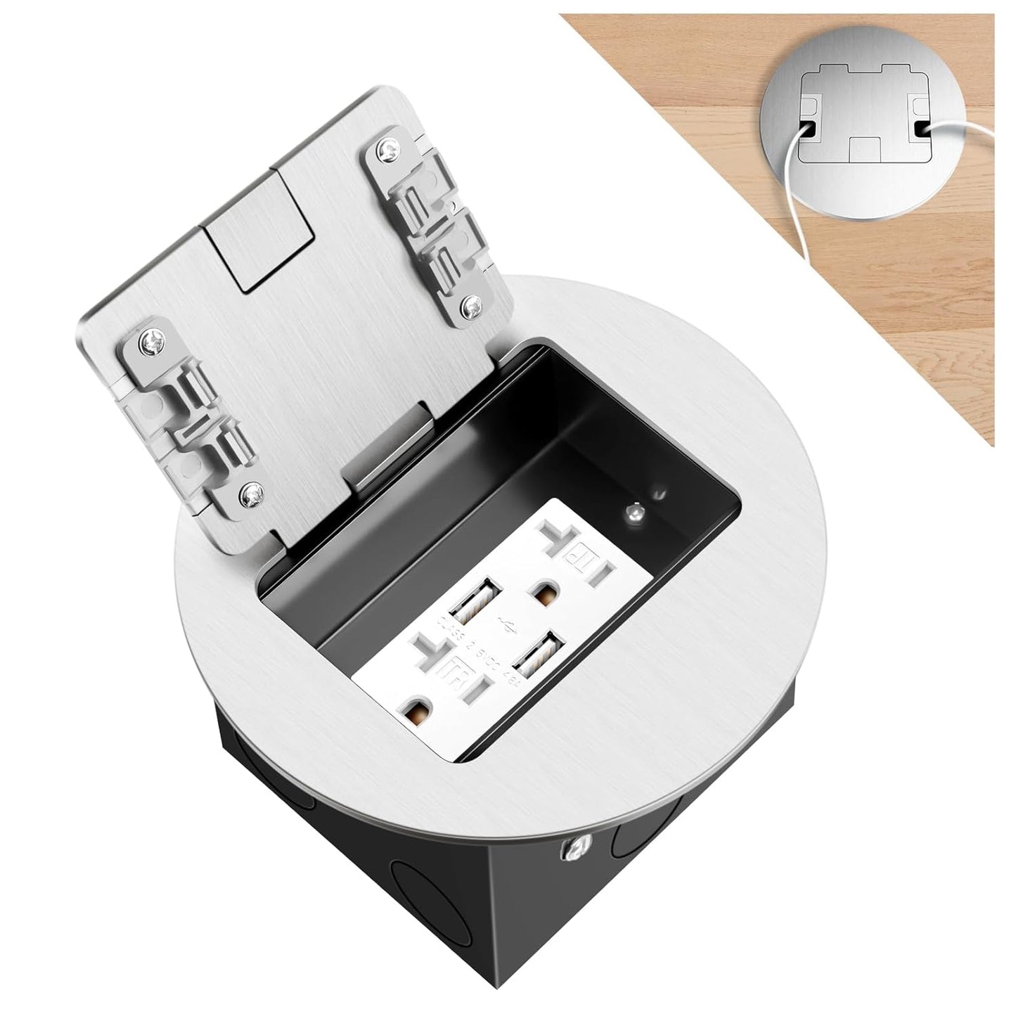 Vagueior Recessed Floor Electrical Outlet Kit, Circular Hidden 4.8A USB+20A Tamper-Resistant Receptacle Outlet ，Waterproof Electrical Outlet Covcer Box, UL Certified,Silver（1 Pack