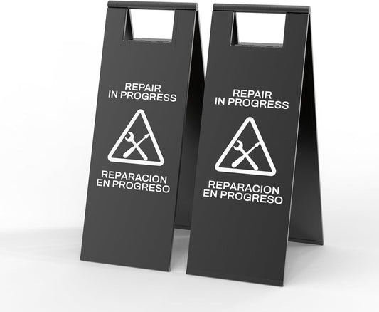 2 Pcs Maintenance Work in Progress Floor Sign , 24 Inch Stainless Steel Repair In Progress Sign Double Sided Foldable Bilingual Commercial Safety Warning for Hotel Market Restroom Restaurant Office (Black)