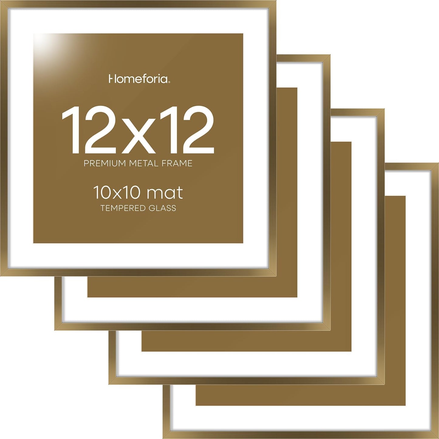 Homeforia 12x12 Picture Frame Bronze, High End Metal 12 x 12 Square Poster Frame with Mat 10 x 10 Photo, 12x12 Brass Frame Matted to 10x10 Print, 12by12 Thin Frames, Tempered Glass, Wall Kit, Set of 4