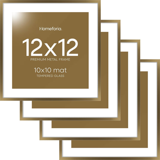 Homeforia 12x12 Picture Frame Bronze, High End Metal 12 x 12 Square Poster Frame with Mat 10 x 10 Photo, 12x12 Brass Frame Matted to 10x10 Print, 12by12 Thin Frames, Tempered Glass, Wall Kit, Set of 4
