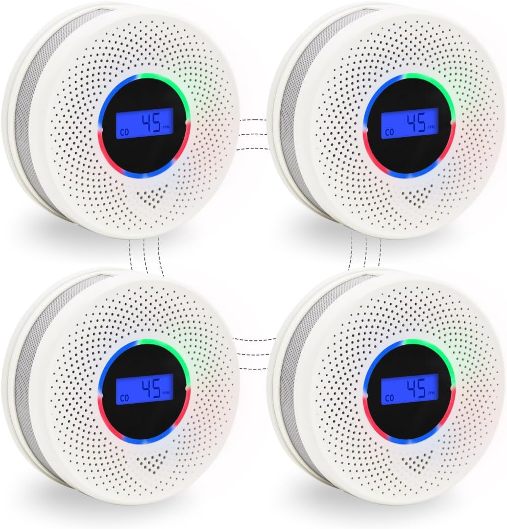 10-Year Battery Wireless Interconnected Smoke and Carbon Monoxide Detector, Smart Interlink Smoke CO Alarm with Digital Display, Fire and CO Combo Alarm for Home (4 Pack)