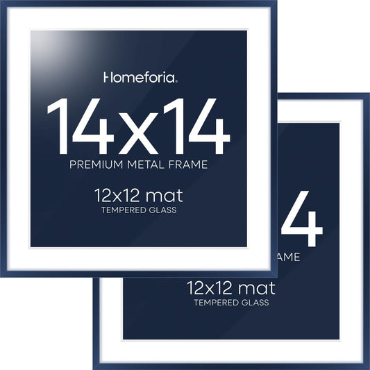 Homeforia 14x14 Picture Frame Navy Blue, High End Metal 14 x 14 Square Poster Frame with Mat 12 x 12 Photo, 14x14 Frame Matted to 12x12 Print, 14by14 Hanging Frames, Tempered Glass, Wall Kit, Set of 2