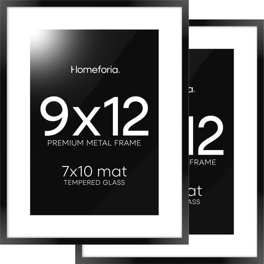 Homeforia 9x12 Picture Frame Black, High End Metal 9 x 12 Poster Frames with Mat 7 by 10 inch Photo, 9by12 Frame Matted to 7x10 in Art, 12x9 Wall or Tabletop Frames, Tempered Glass, Wall Kit, Set of 2