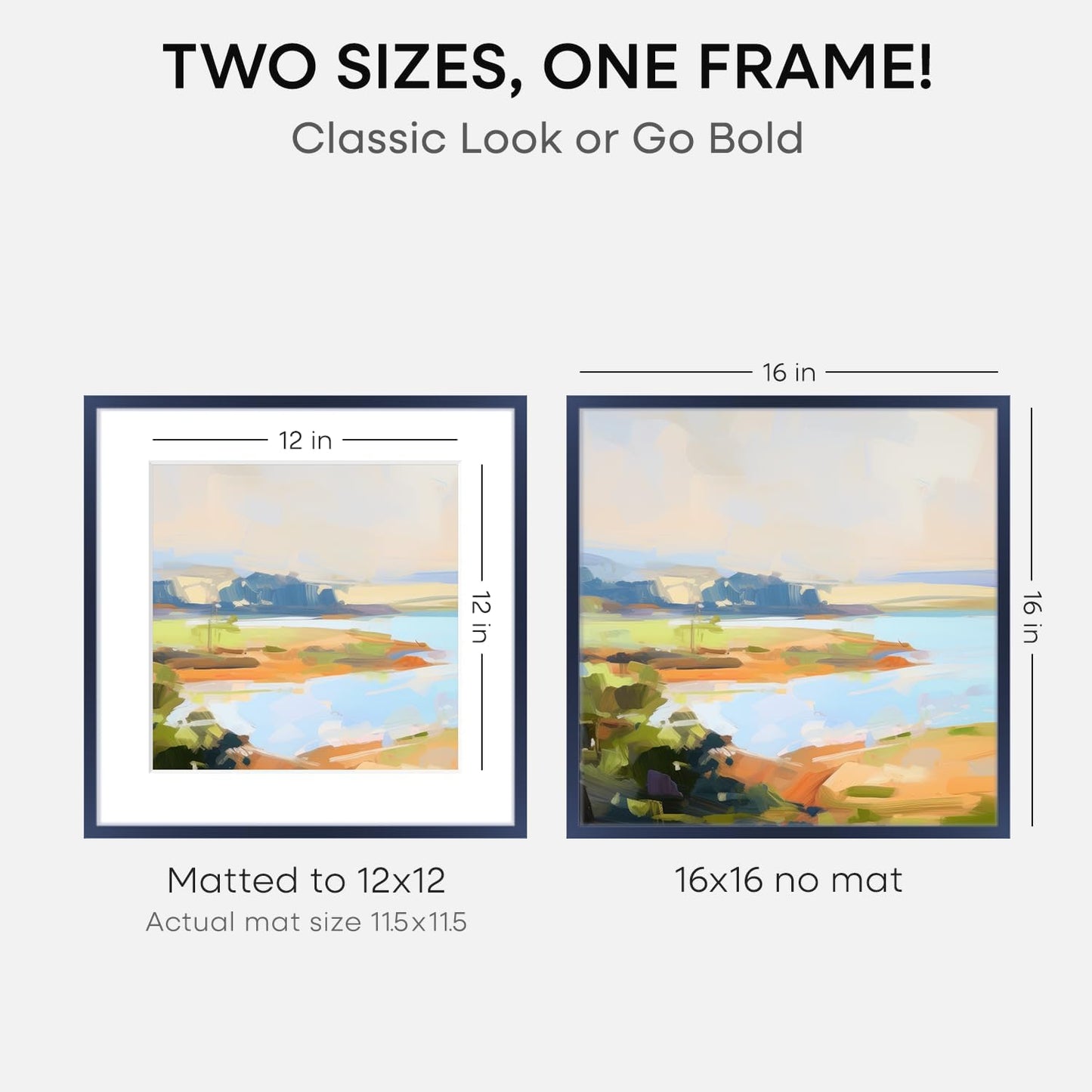 Homeforia 16x16 Picture Frame Navy Blue, High End Metal 16 x 16 Square Poster Frame with Mat 12 x 12 Photo, 16x16 Frame Matted to 12x12 Print, 16by16 Hanging Frames, Tempered Glass, Wall Kit, Set of 2