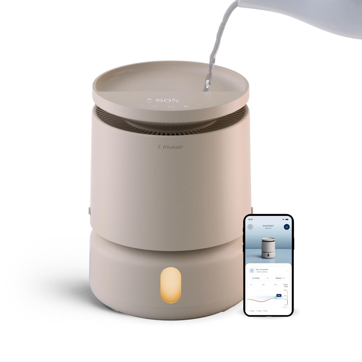 BLUEAIR Room Humidifier - DreamWell - 48Hr Top-Fill Mist-Free InvisibleMist Technology Aroma Stone for Essential Oils and Soothing Mood Lighting - Quiet Operation for Bedroom and Home Use, Beige