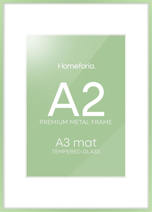 Homeforia A2 Poster Frame Sage Green, High End Metal A2 Picture Frame Sage Green with Mat A3 for Print, 16.5x23.4 Frame Matted to 11.7x16.5 Photo, 16.5 x 23.5 Frame, Tempered Glass, Wall Kit, Set of 1