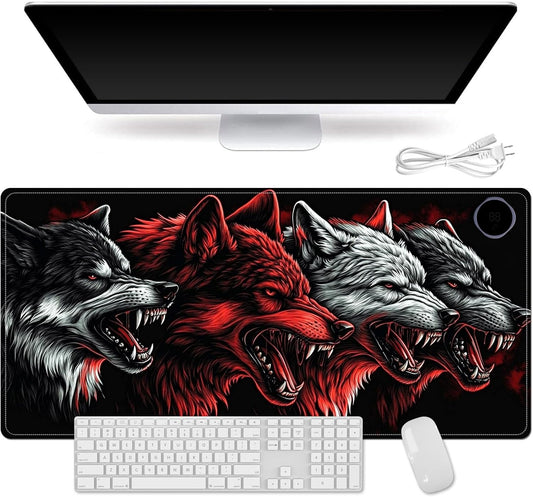 Heated Mouse Pad for Desk 31.5" x 13" – PU Leather Warm Desk Pad with 3 Heat Levels (104°F/113°F/122°F), Plug-in Electric Heating Mat with Auto Shut-Off, Waterproof & Rollable, Four Wolves