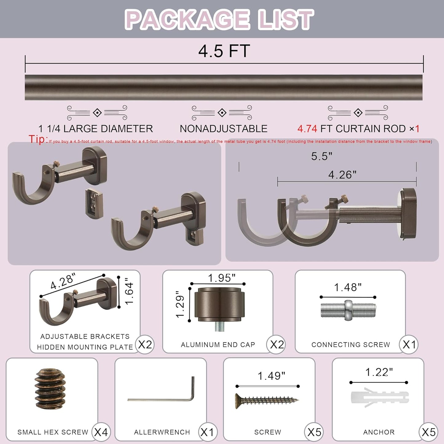 Heavy Duty Curtain Rods,1 1/4" Large Diameter Premium Nonadjustable Curtain Rod,54in/4.5ft Custom Window Treatment Rods with Durable Aluminum Brackets and End Caps,Dark Bronze Finish