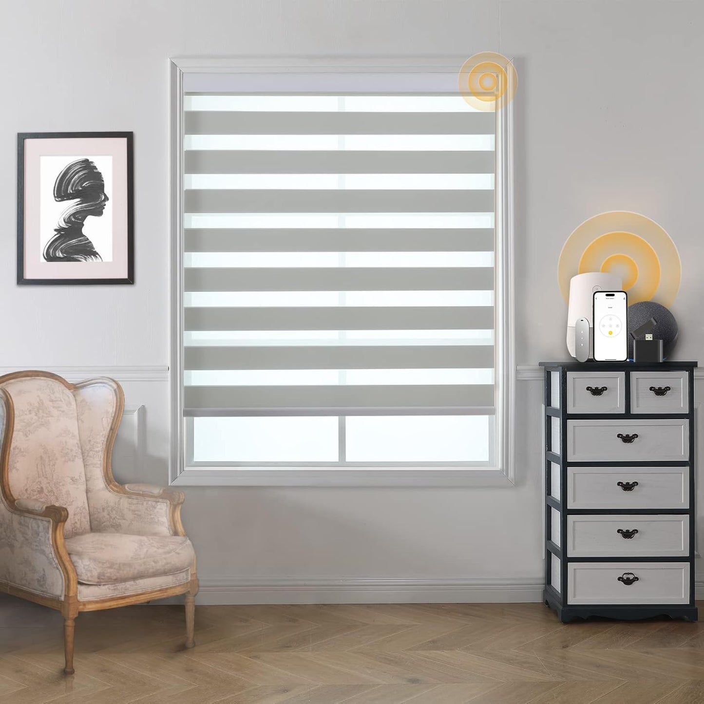 Motorized Blinds with Remote, Cordless Automatic Zebra Shades, Smart Blind for Windows, Grey, 31 x 72