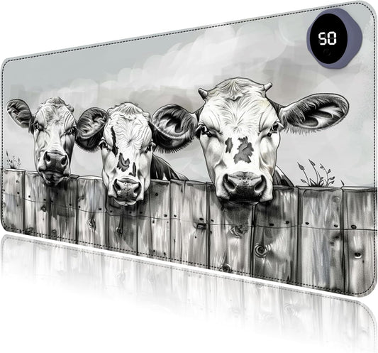 Heated Mouse Pad with 3 Levels Heated & 3 Hours Auto Shut-Off Mouse Pad for Warming Hands in Office Home, 31.5" x 13"Large Safe Desk Mat Hand Warmer，Three Lovely Cows