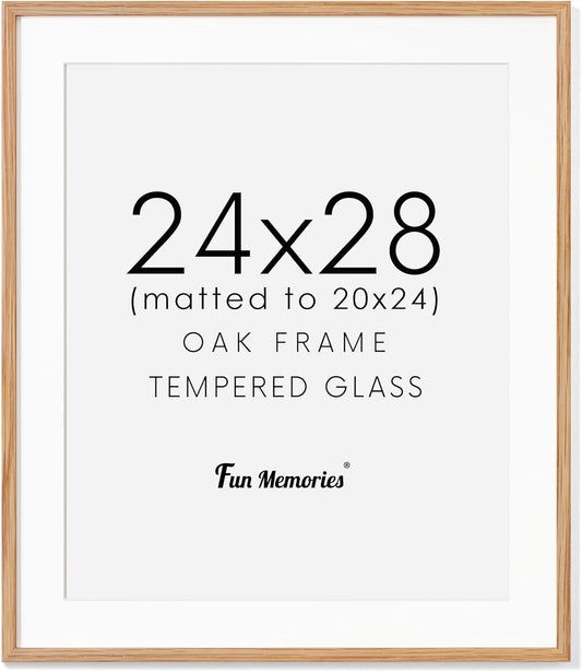 24x28 Picture Frame, Solid Oak Wood Frames 24 by 28, Rustic Wood Poster Frame 24"x28", 24x28 Frame with Mat for 20x24, 24 x 28 Frame with Tempered Real Glass (Natural Oak Color, 1 Pack)