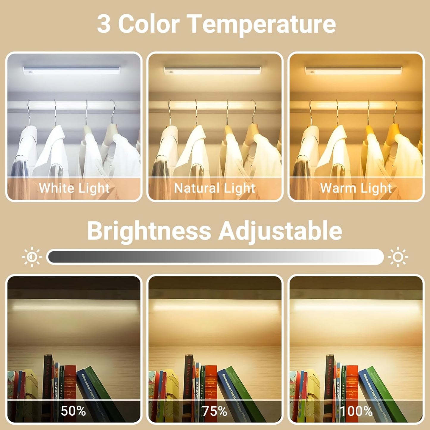 Under Cabinet Lights, Motion Sensor Magnetic LED Light, 12 inch 1500mAh Rechargeable Battery Dimmable Lights with 3 Color Temps, Indoor Wireless Lighting for Kitchen, Closet, Pantry, Counter, 4 Pack