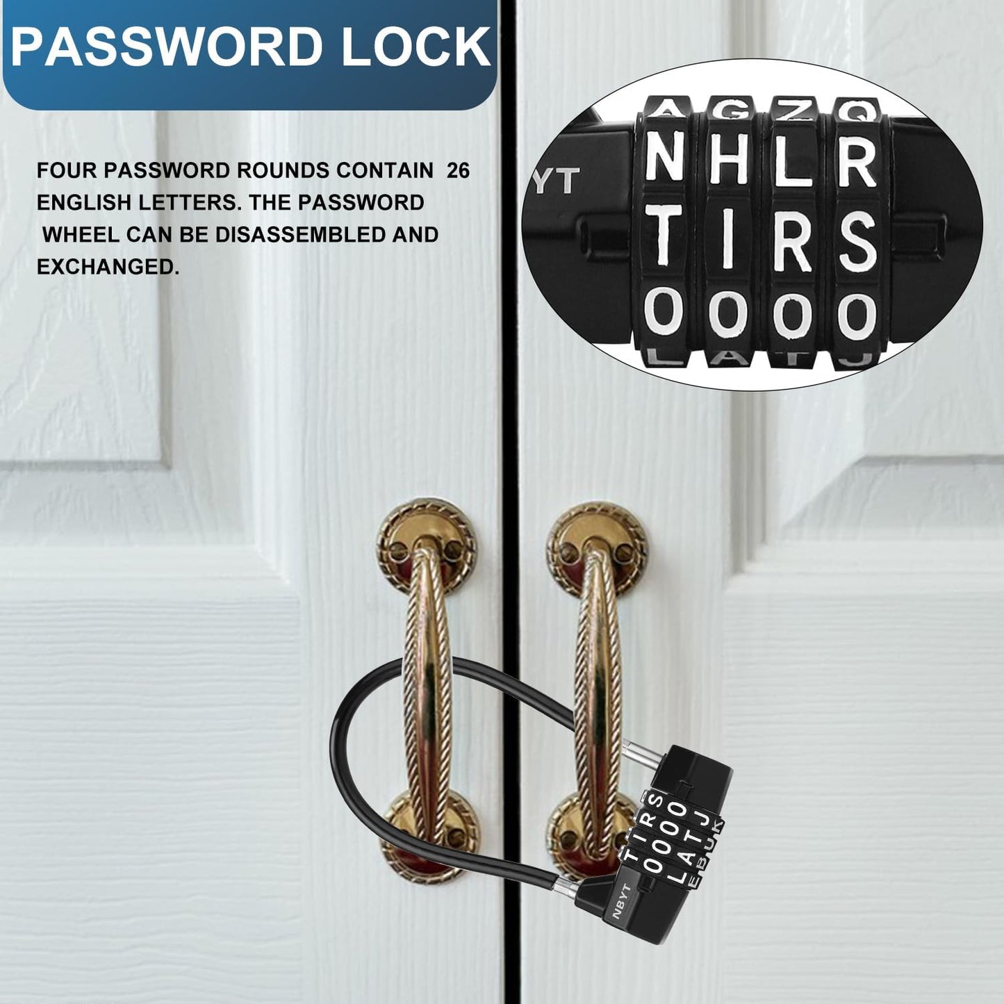4-Word Resettable Combination Lock, Letter Lock- Home Security Padlock with 5mm Anti-Theft Cable for Garden Gates, Pool, Refrigerator,Gates, Storage ，Cabinet(7''(Locking Span 3.5''))