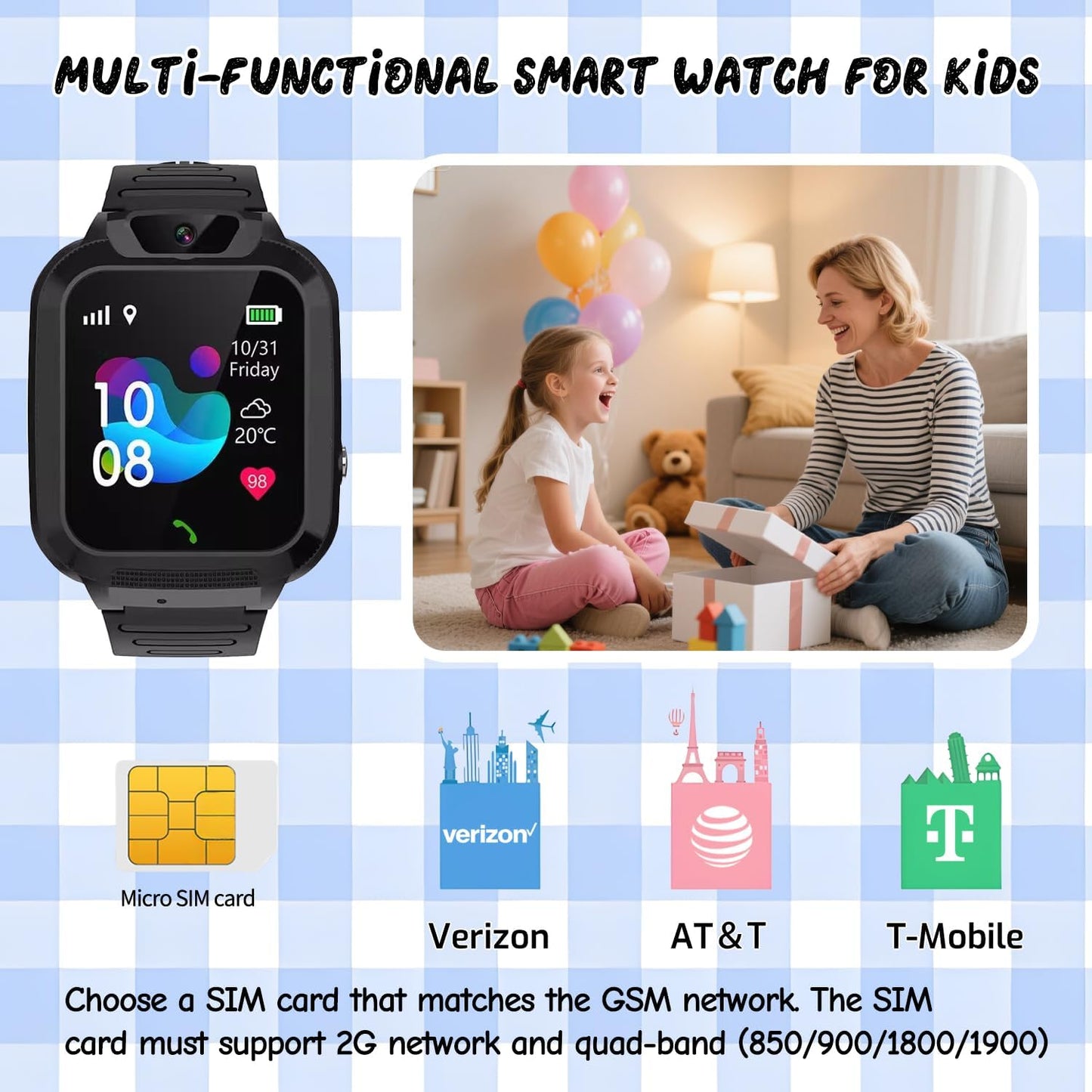 2G Kids Smart Watch, SOS Emergency Call, Video Calling, Waterproof Activity Tracker for 3-12 Years Girls/Boys - Birthday Gift Idea