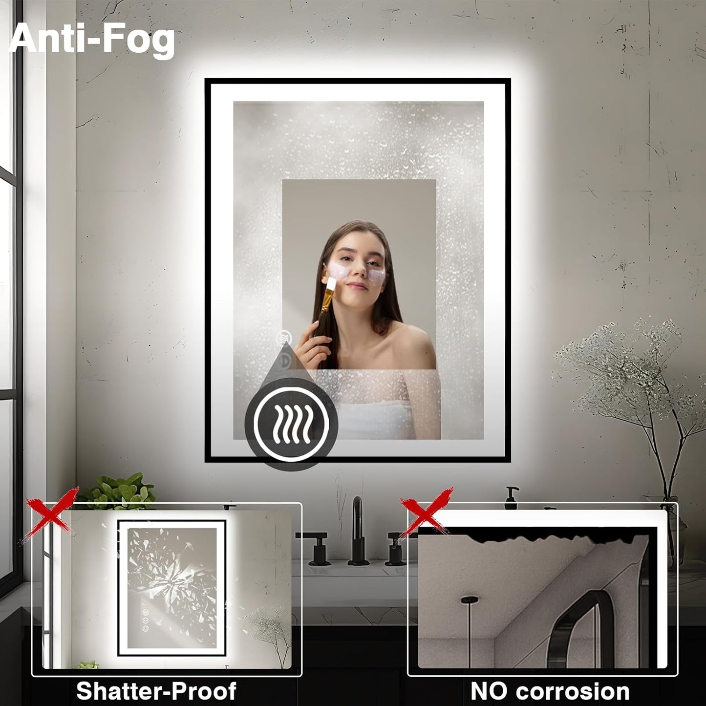 28x32 LED Bathroom Mirror - Black Aluminum Framed,Front and Backlit,Anti-Fog Framed Bathroom Vanity Mirror,3 Color Stepless Dimmable Lighted Smart Mirror(Horizontal/Vertical)