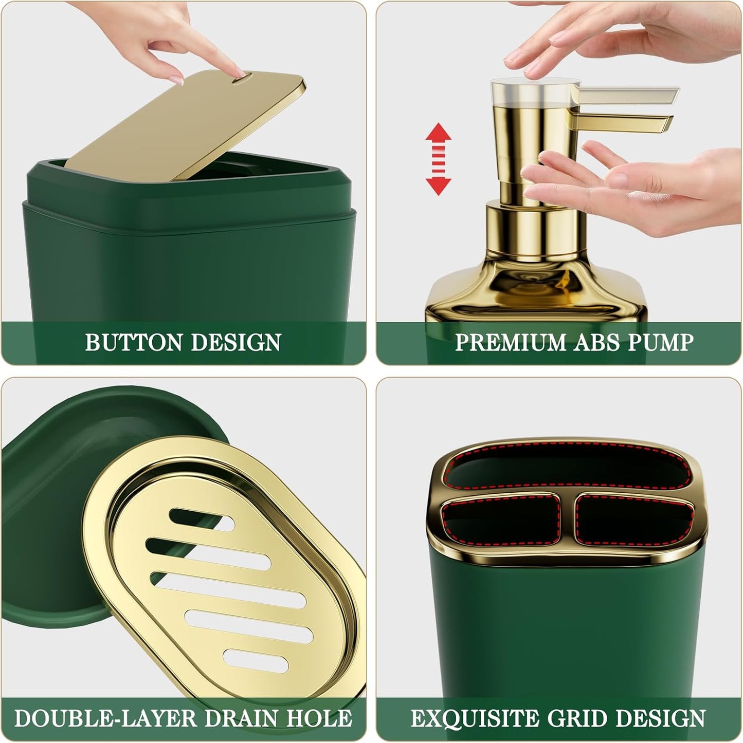 Bathroom Sets with Shower Curtain and Rugs, 27PC Bathroom Accessory Set, Green Bathroom Set, Green and Gold Bathroom Accessories Set with Trash Can, Toilet Brush and Soap Dispensers