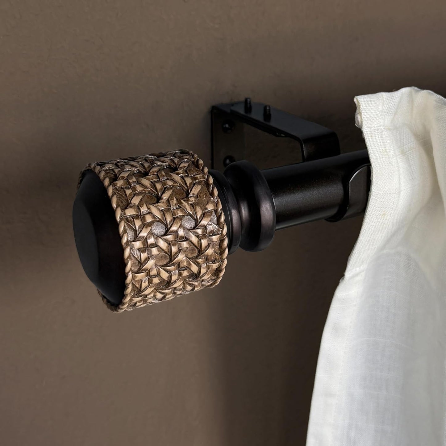 1-1/8 Inch Diameter Dark Bronze Curtain Rods with Faux Rattan Cane Woven Finials, 36-72'' Telescoping Single Curtain Rods for window width 24-68 inch, 1 pack
