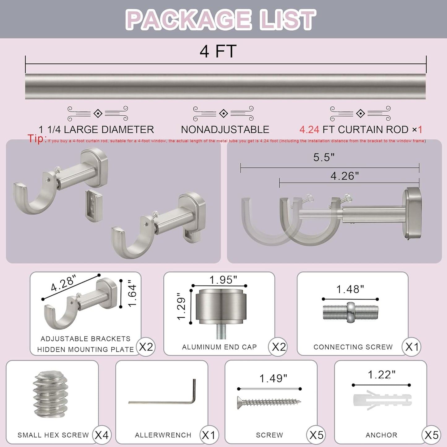 Heavy Duty Curtain Rods,1 1/4" Large Diameter Premium Nonadjustable Curtain Rod,48in/4ft Custom Window Treatment Rods with Durable Aluminum Brackets and End Caps,Brushed Nickel Finish