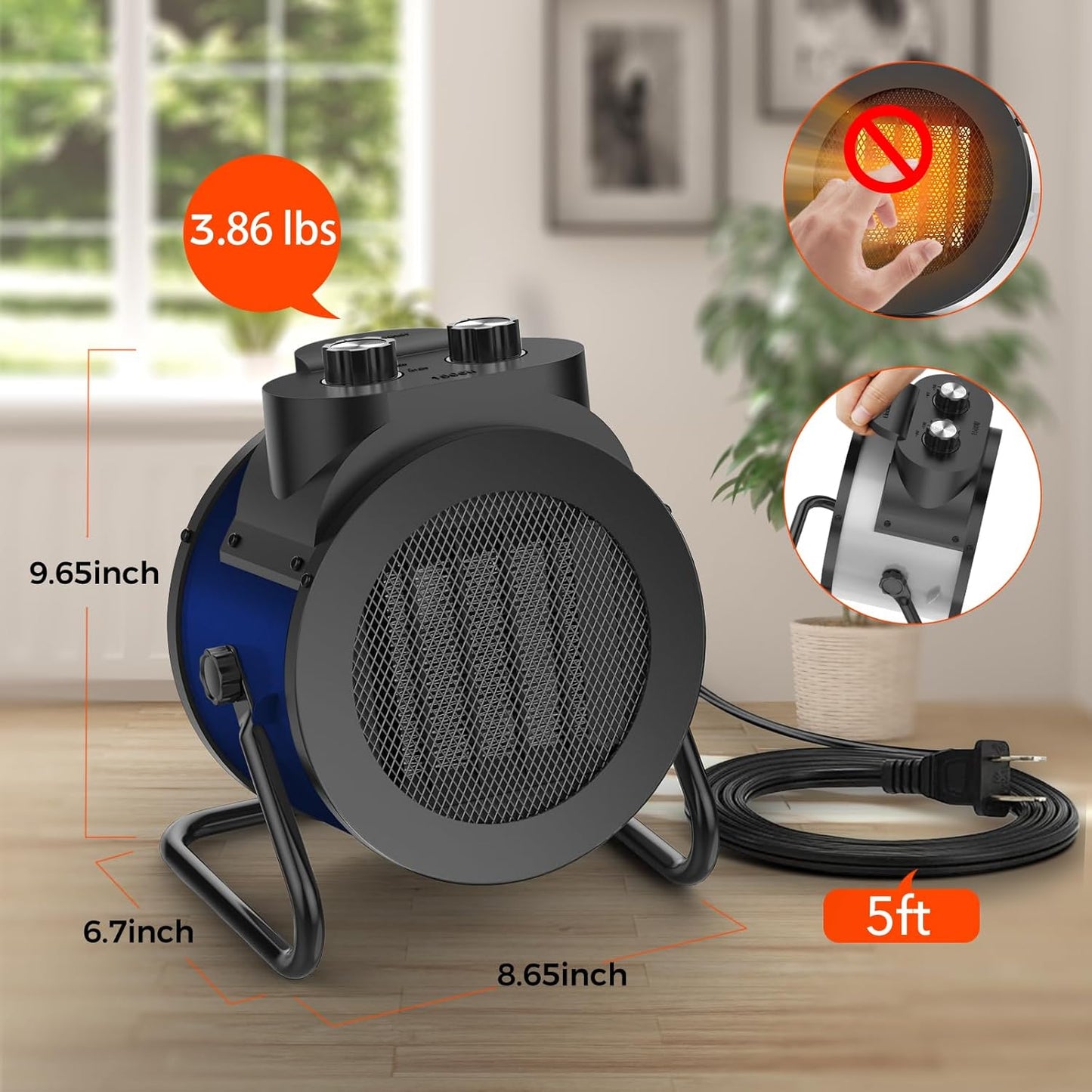 1500W Electric Space Heater with 90 Adjustable Angle, Overheat Protection, Heater for Garage, Office, Indoor Use
