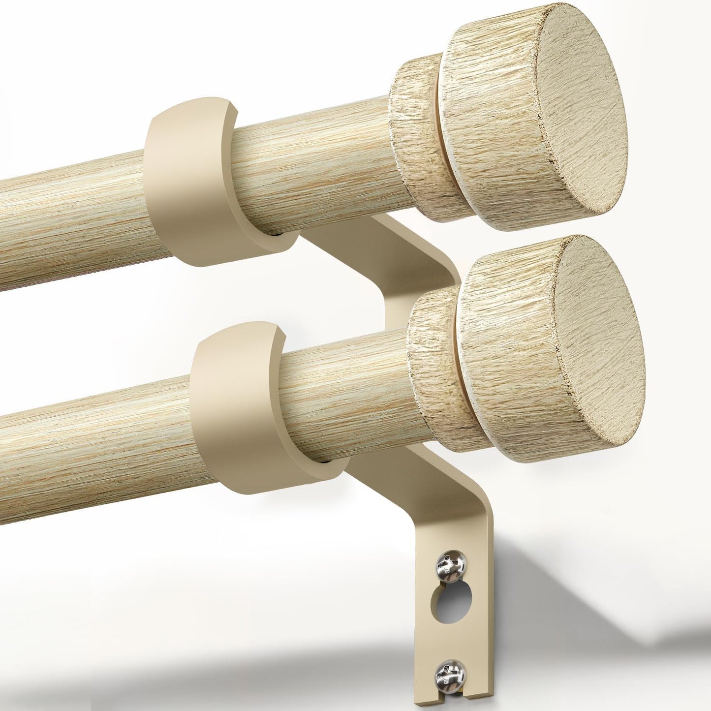 2 Pack White Oak Wood Grain Curtain Rods for Windows 48 to 84 Inches 1" Diameter Boho Decorative Heavy Duty Window Curtain Rod Adjustable with Solid Finials for Living Room Bedroom Kitchen Farmhouse