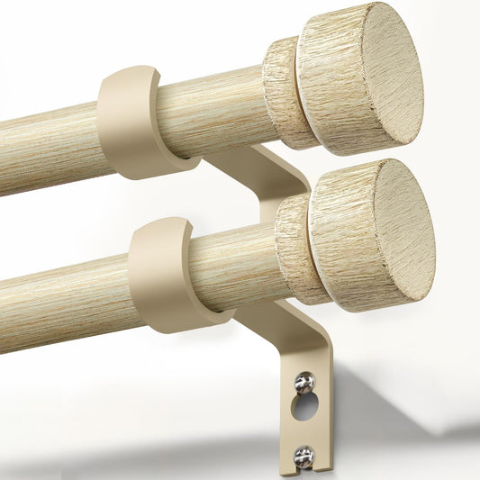 2 Pack White Oak Wood Grain Curtain Rods for Windows 48 to 84 Inches 1" Diameter Boho Decorative Heavy Duty Window Curtain Rod Adjustable with Solid Finials for Living Room Bedroom Kitchen Farmhouse