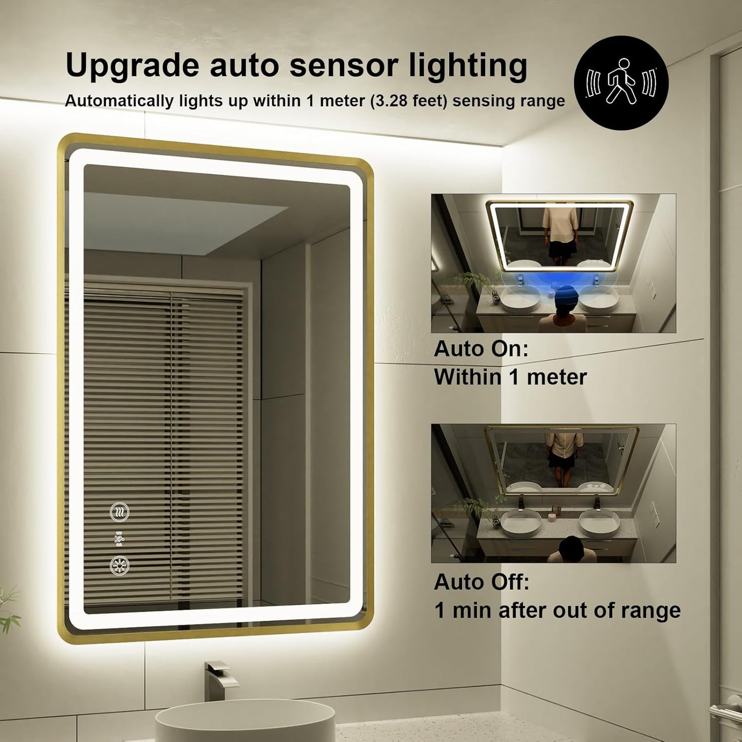 24x36 Inch Gold Framed LED Bathroom Mirror, Smart Bathroom Mirror with Motion Sensor Lights, Anti Fog, Stepless Dimmable & 3 Colors Temperature Adjustment, LED Vanity Mirror for Wall