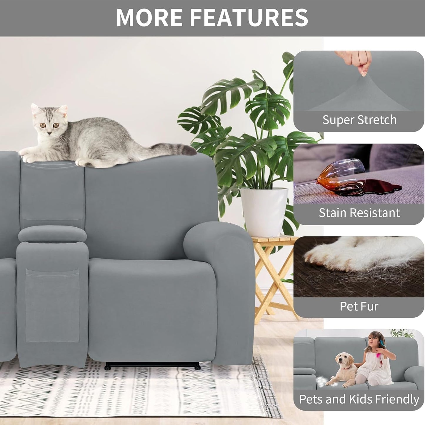 Easy-Going 100% Waterproof Recliner Console Cover, Stretch Middle Console Couch Covers for Reclining Sofas, Sectional L-Shape Furniture Protector for Kids & Pets, 1 Console Cover, Light Gray