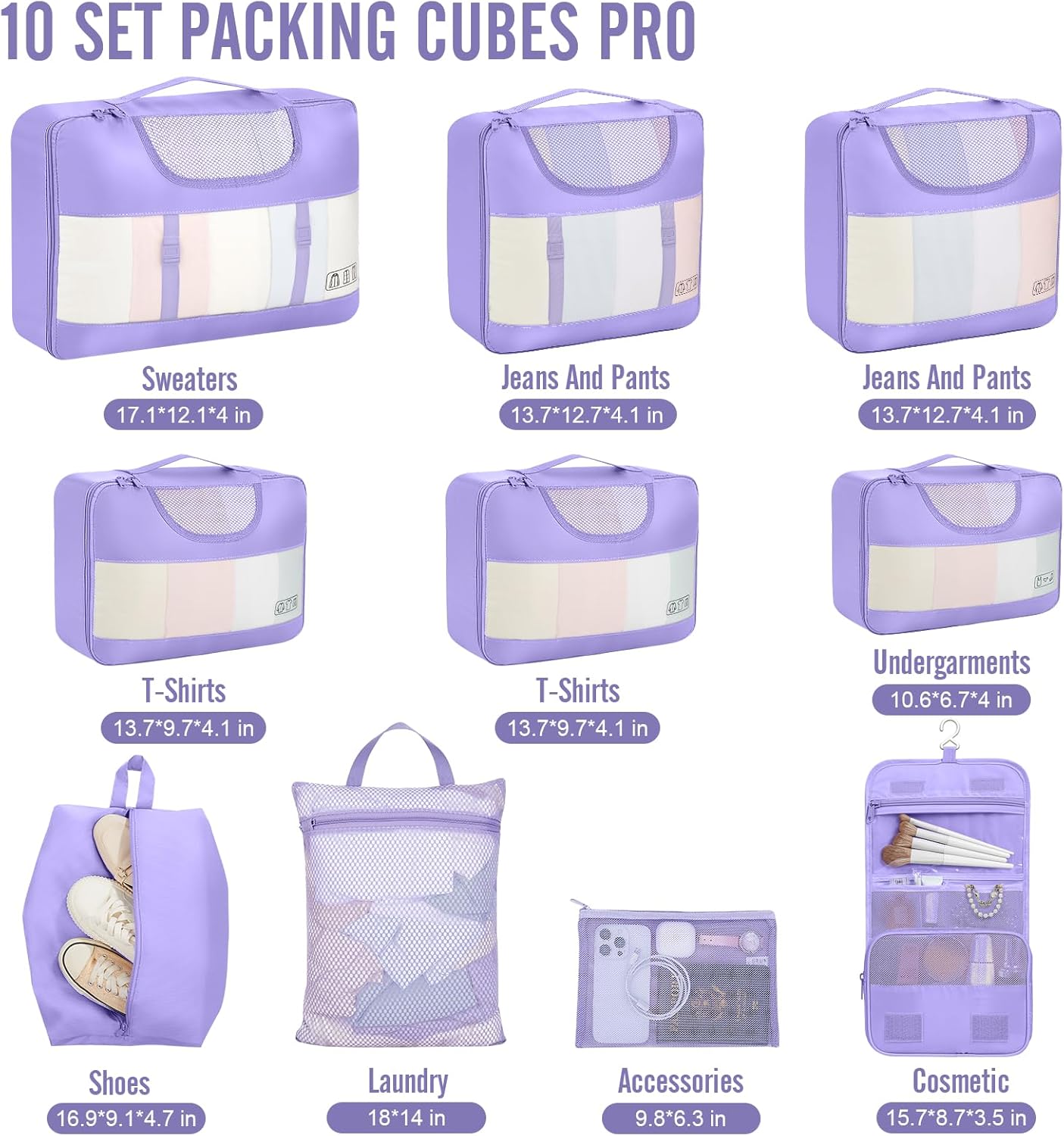 Veken 10 Set Packing Cubes for Travel Essential, Suitcase Organizer Bags in 4 Sizes, Carry-On Luggage Accessories with Large Laundry & Hanging Toiletry Bag, Must-Have for Airplane, Road Trip & Camping