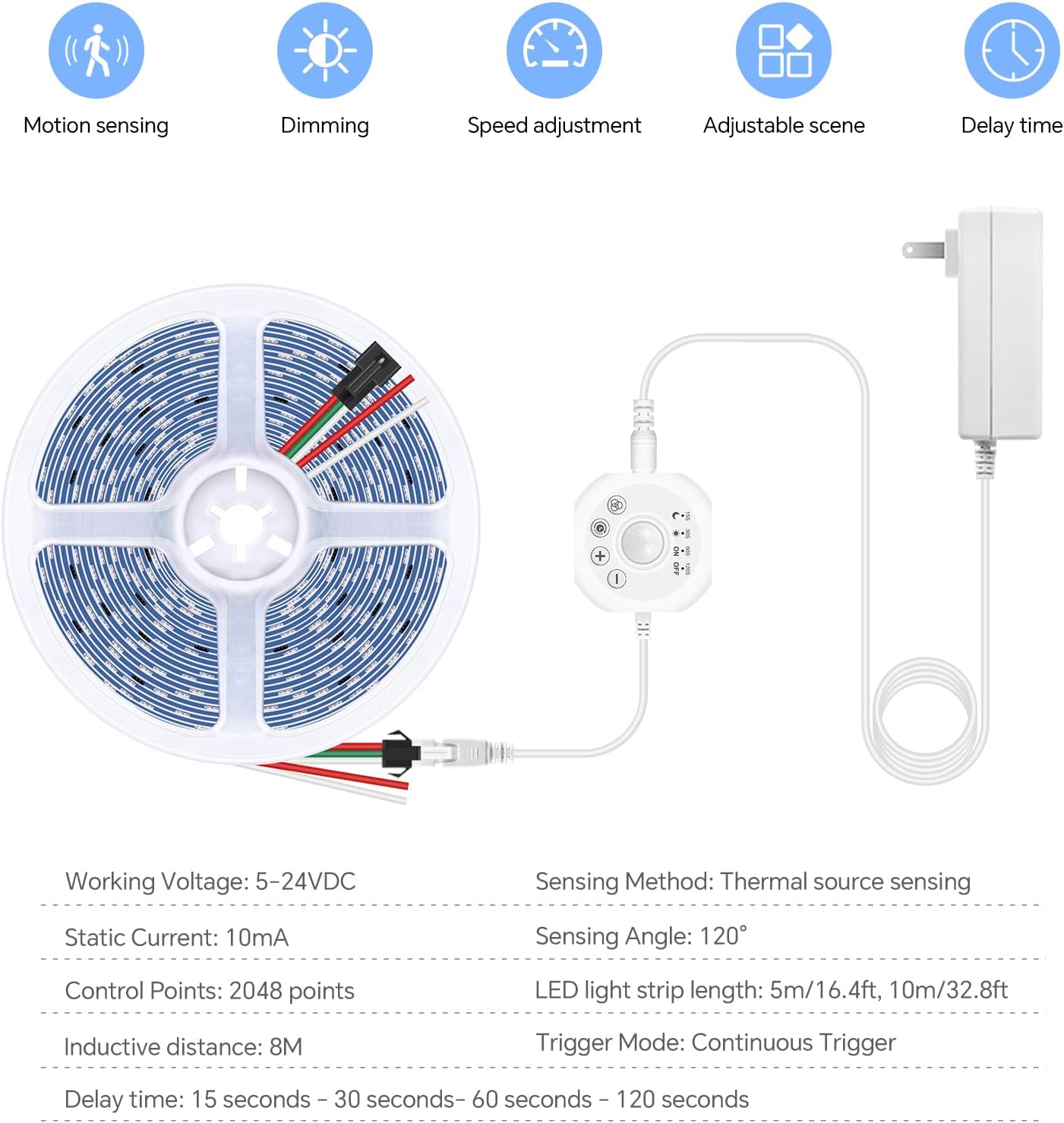 16.4Ft Motion Activated LED Strip Light, 6500K Running Water Flowing LED Strip Lights Cut&Dimmable, 24V Motion Sensor Flexible Horse Race Tape Light for Room Stair Corridor