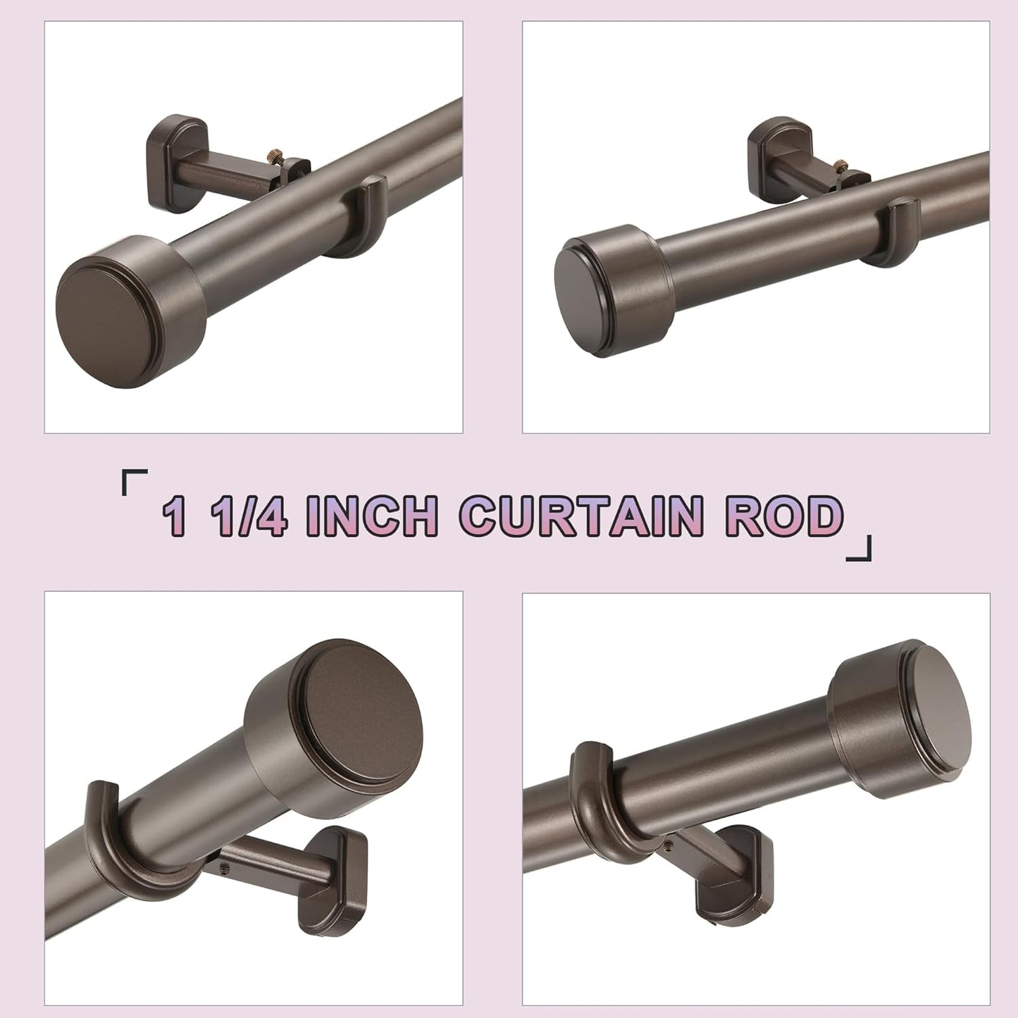 Heavy Duty Curtain Rods,1 1/4" Large Diameter Premium Nonadjustable Curtain Rod,120in/10ft Custom Window Treatment Rods with Durable Aluminum Brackets and End Caps,Dark Bronze Finish