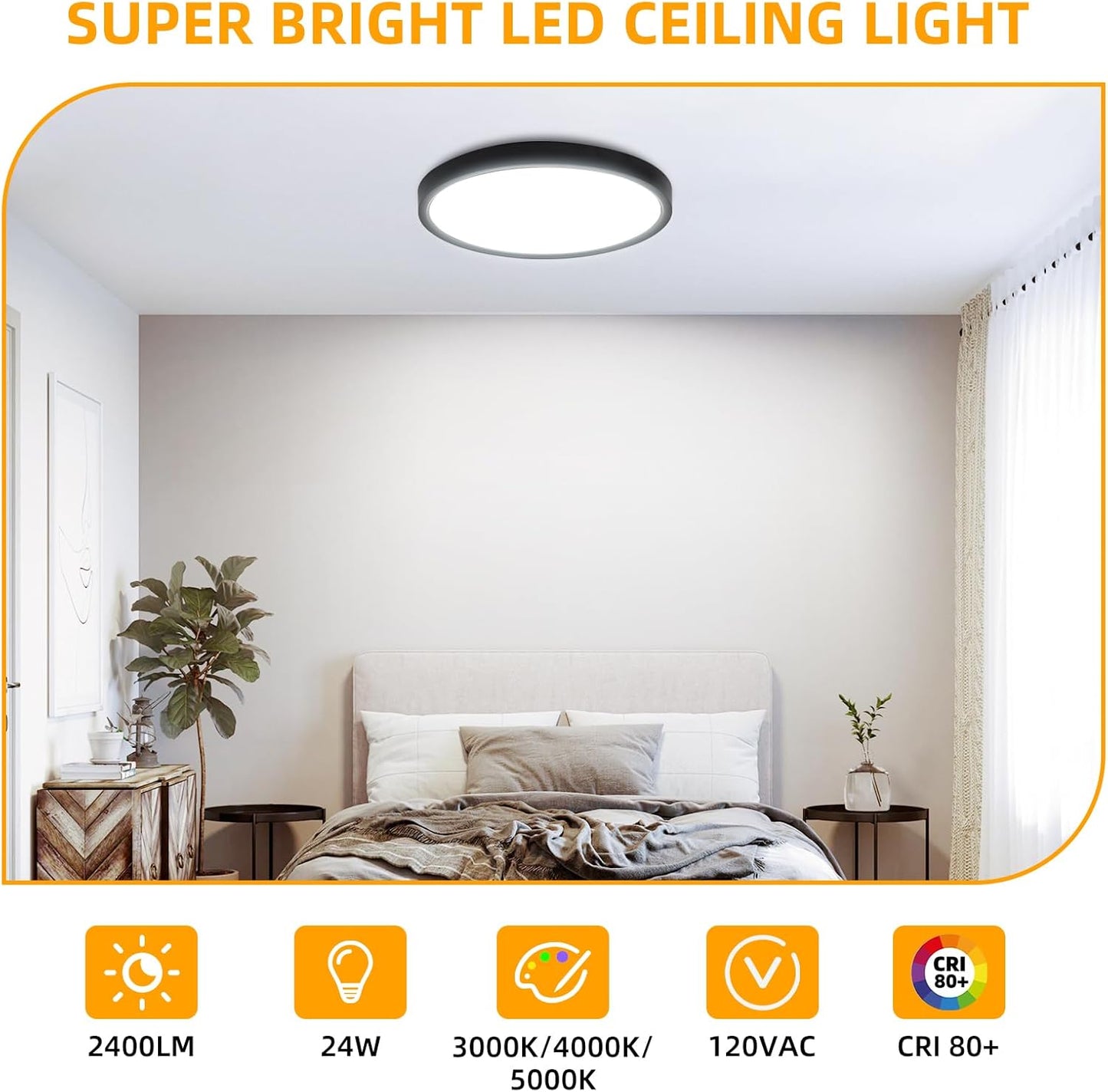 Hlite 2pack 12 inch Flush Mount LED Ceiling Light Fixture,24W 2400LM Super Slim Light Fixtures Ceiling Mount 3000K/4000K/5000K 3CCT Selectable,Light Fixtures for Kitchen,Bedroom (Black)