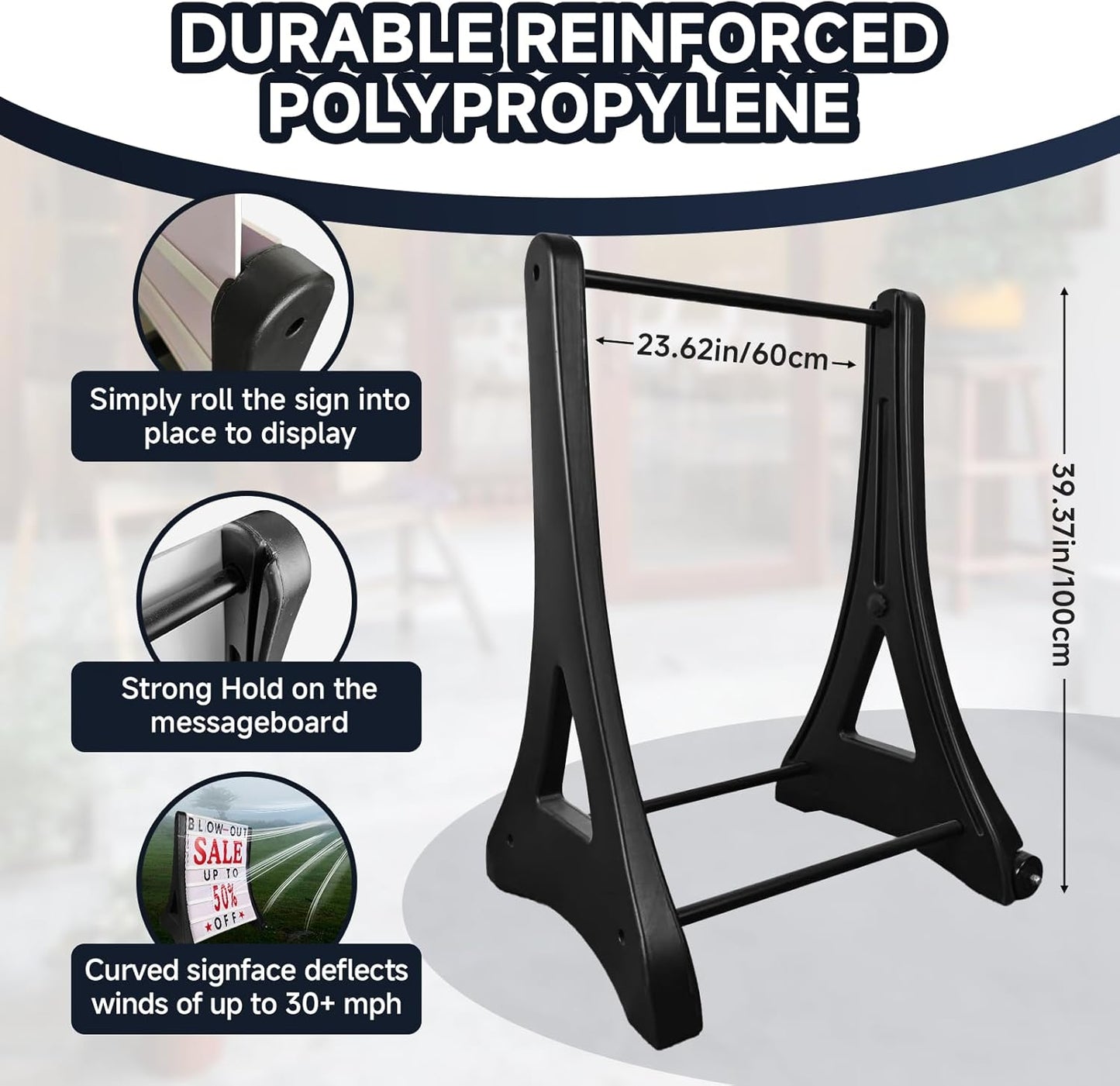 24"x39" Changeable Message Board Sidewalk Sign, Standard Portable A-Frame Sign & Letter Kit for Outdoor,Business, Large Black Standing Frame with Wheels, Water-Fillable and Wind-Resistant