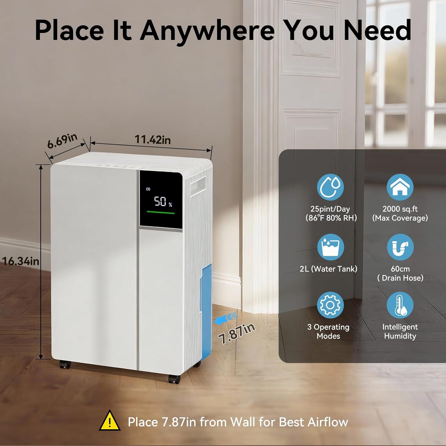 2000 Sq.Ft 25 Pints Dehumidifier with Drain Hose, 32dB Sleep Mode Dehumidifiers for Home, Intelligent Humidity Control, 3 Modes, Auto Off, Safe Dehumidifier for Basement, Bedroom Bathroom Garage RV