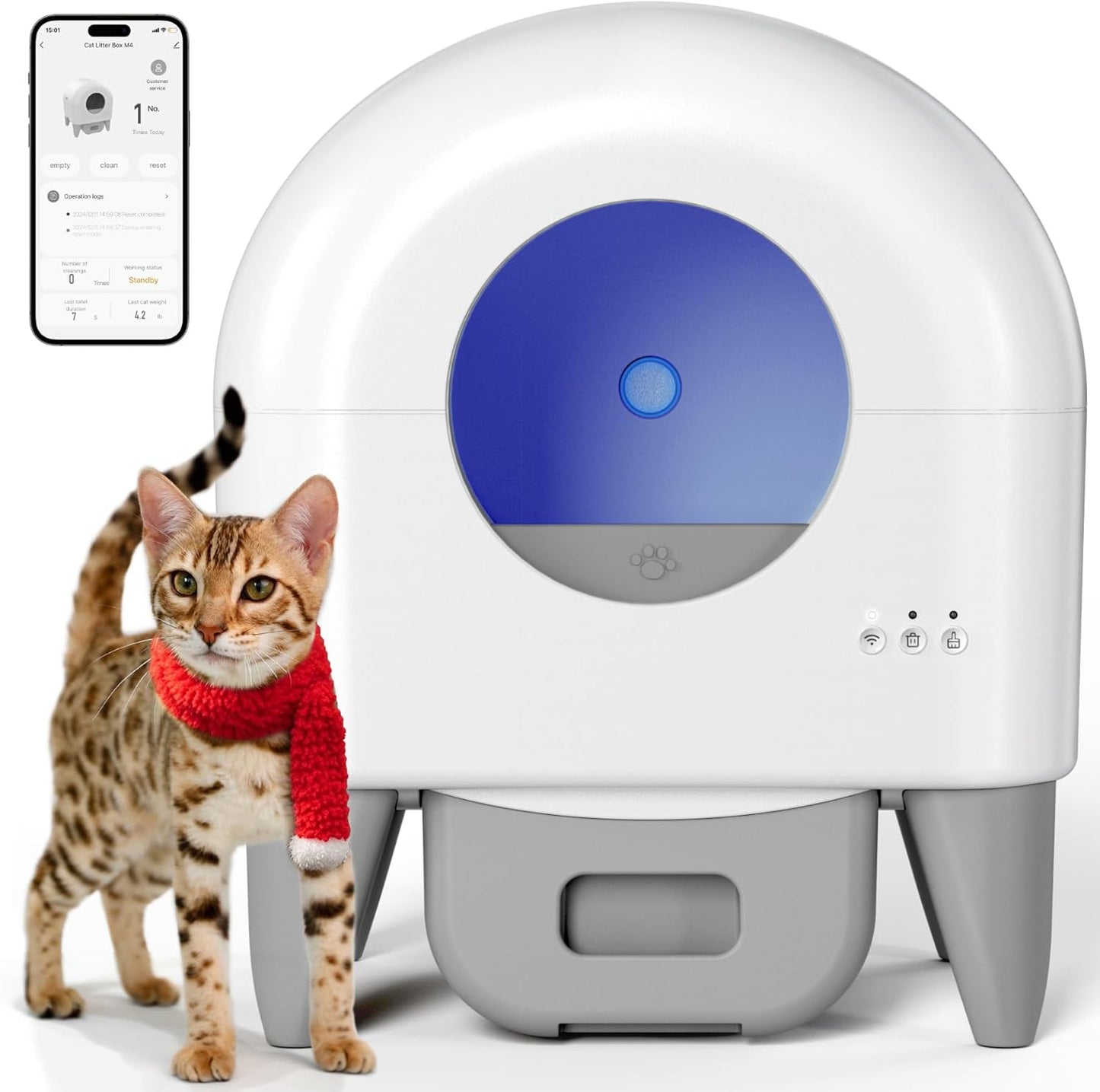 Automatic Cat Litter Box Self Cleaning Litter Box Large Capacity for Multiple Cats, App Control with Safety Sensors, Removable Washable Liner,2 Rolls Garbage Bags,Grey