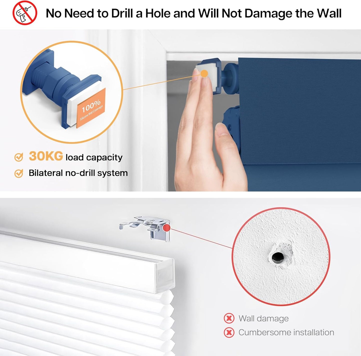 LazBlinds No Drill Blinds for Indoor Windows, Blackout Roller Shades, Cordless Window Blackout Blinds, Thermal Insulated Fabric UV Protection for Home and Office, 38" W x 72" H, Navy Blue
