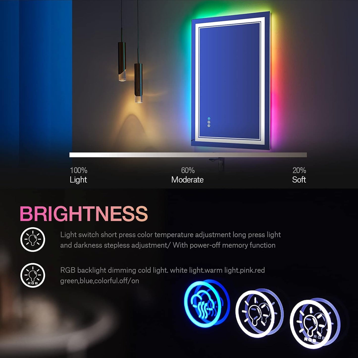 24x36 inch RGB LED Bathroom Mirror with Lights, Colorful Changing Lighted Mirror, Shatterproof Dimmable Anti-Fog LED Vanity Mirror for Bathroom (RGB Backlit + Front-Lit)