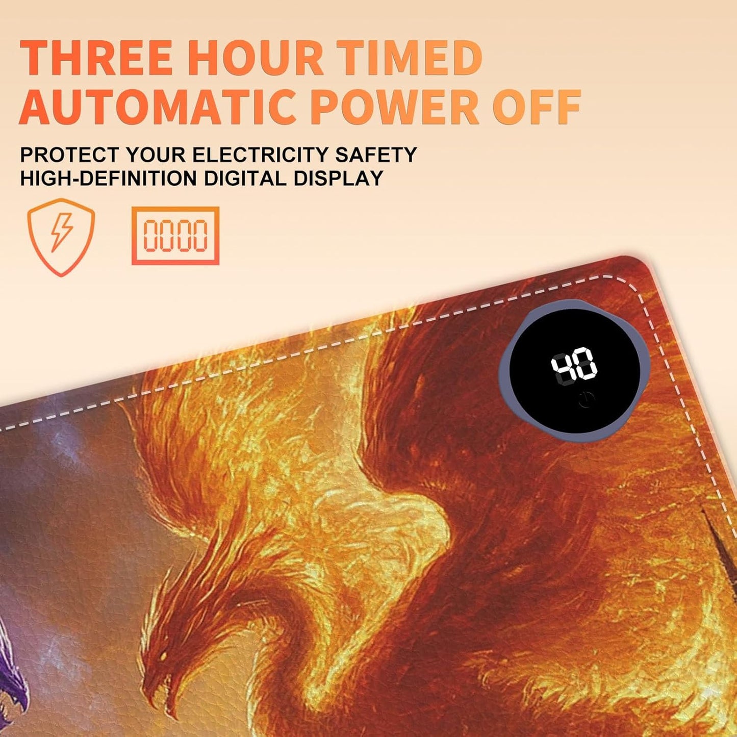 Heated Mouse Pad 31.5x13 in 3-Temp Fast Heating Desk Mat with Auto Timer Warmer for Hands Wrist Pain Relief Waterproof Keyboard Mat for Office, Gaming, Home, Dragon Battle Art