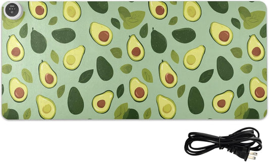 Heated Desk Pad Mouse Pad 31.5x13 Inch PU Leather Desk Mat with 3 Heat Levels Large Mouse Gaming Computer Laptop Mat Green Cute Avocado and Leaves